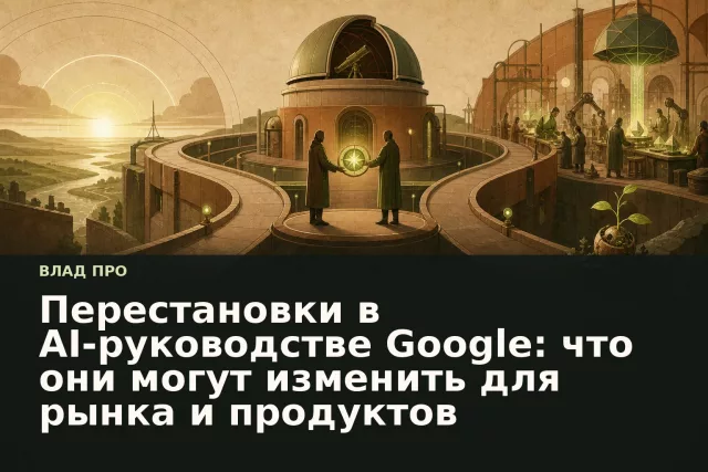 Абстрактная иллюстрация передачи AI-лидерства: обсерватория, два пути к исследованиям и продуктам, светящийся компас.