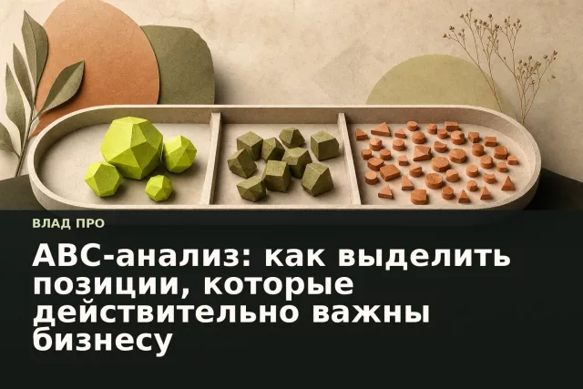 Абстрактная композиция с тремя группами объектов разного вклада, символизирующая ABC-анализ.