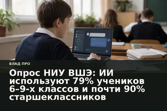 Школьница работает за ноутбуком, на экране открыт чат с нейросетью, рядом лежат учебники и тетрадь.
