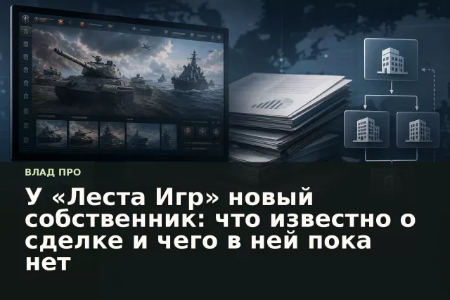 Логотип «Леста Игры» на фоне абстрактной деловой графики, символизирующей смену владельца компании