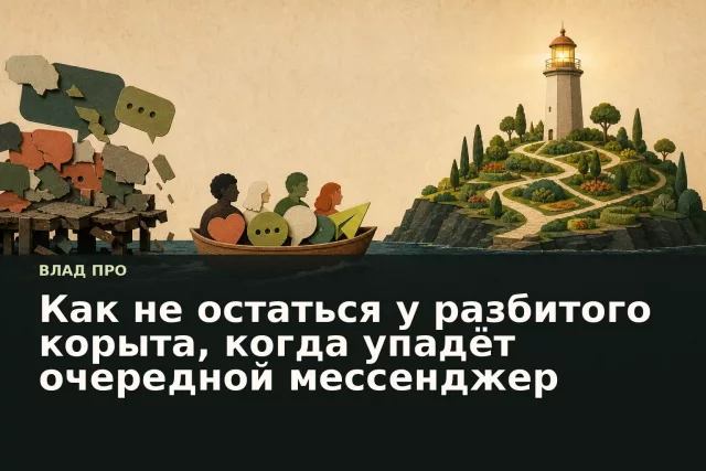 Лодка уходит от разрушающегося причала к устойчивому острову с маяком — метафора перехода от зависимости от платформ к собственной базе клиентов.