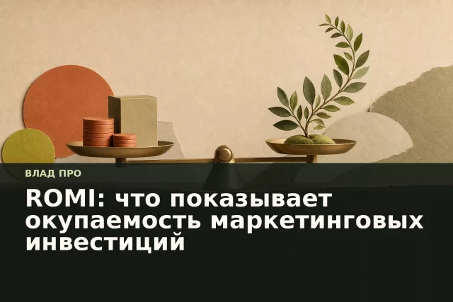Весы на тёплом бумажном фоне с монетами и растением как метафора окупаемости маркетинговых инвестиций.