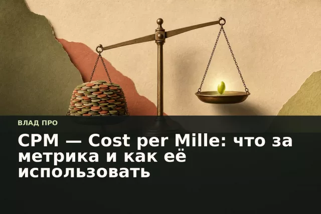 Весы с тысячей рекламных жетонов и одним символом бизнес-результата на тёплом бумажном фоне.