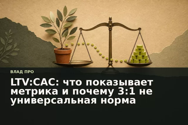 Весы с ростком и жетонами как метафора соотношения ценности клиента и стоимости привлечения.