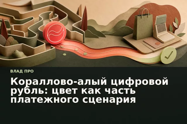 Кораллово-алый круглый знак проходит через бумажные слои и выделяет путь цифровой оплаты.