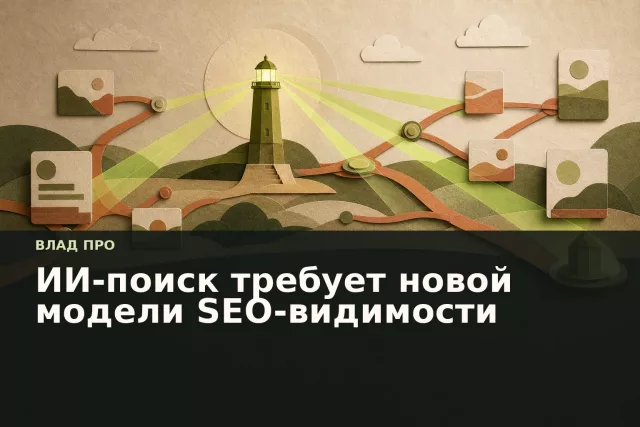 Бумажный маяк направляет лучи через сеть источников, символизируя видимость бренда в ИИ-поиске.