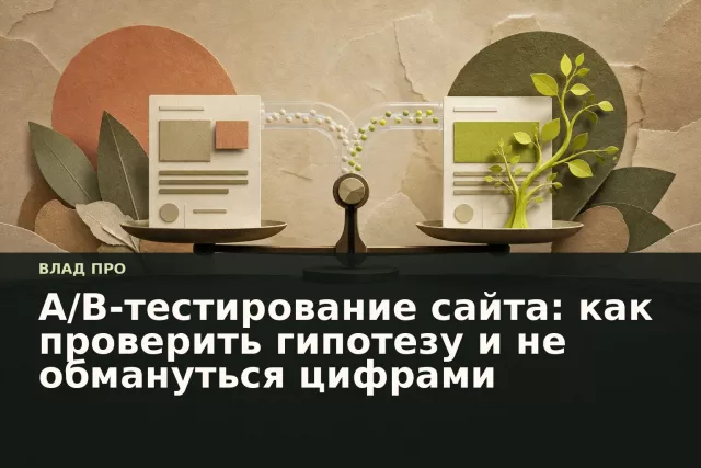 Метафорическая иллюстрация A/B-тестирования: весы сравнивают два варианта страницы на тёплом бумажном фоне.
