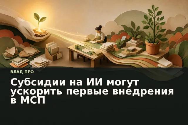 Бумажная мастерская, где луч света от абстрактного ИИ-ростка упорядочивает рабочие процессы.