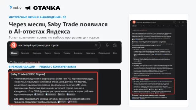 Спустя месяц Saby Trade появился в AI-ответах Яндекса среди рекомендуемых программ для торгов