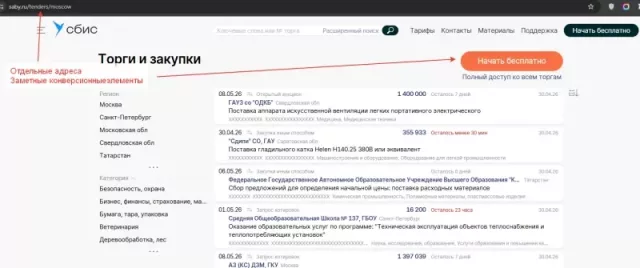 Региональный листинг торгов после переработки: фильтры, данные о закупках и CTA «Начать бесплатно»